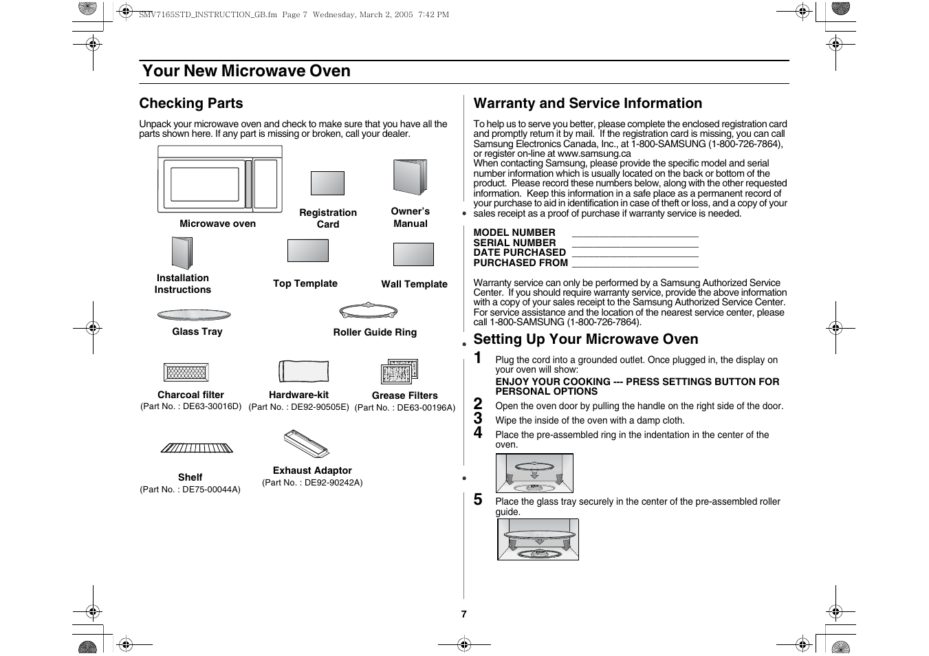 Your new microwave oven, Checking parts, Warranty and service information | Setting up your microwave oven | Samsung SMV7165 User Manual | Page 7 / 28
