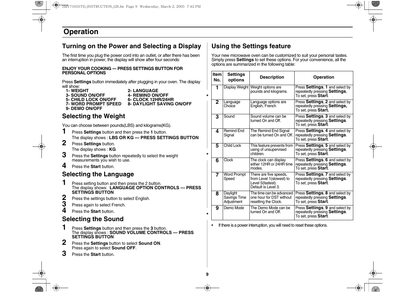 Operation, Turning on the power and selecting a display, Selecting the weight | Selecting the language, Selecting the sound, Using the settings feature | Samsung SMV7165 User Manual | Page 9 / 28