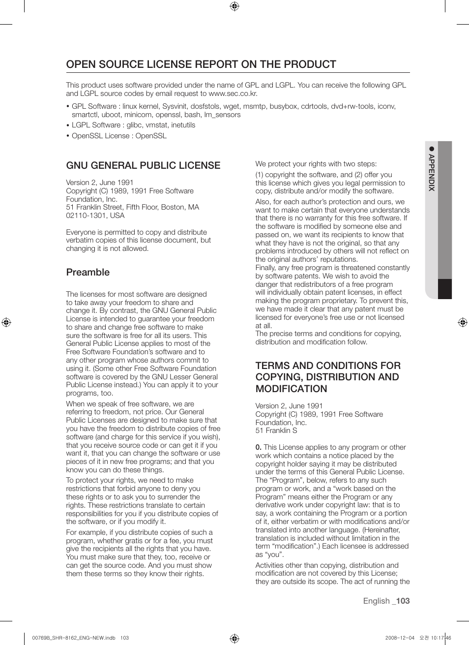 Open source license report on the product, Gnu general public license, Preamble | Samsung SHR-8160 User Manual | Page 103 / 120