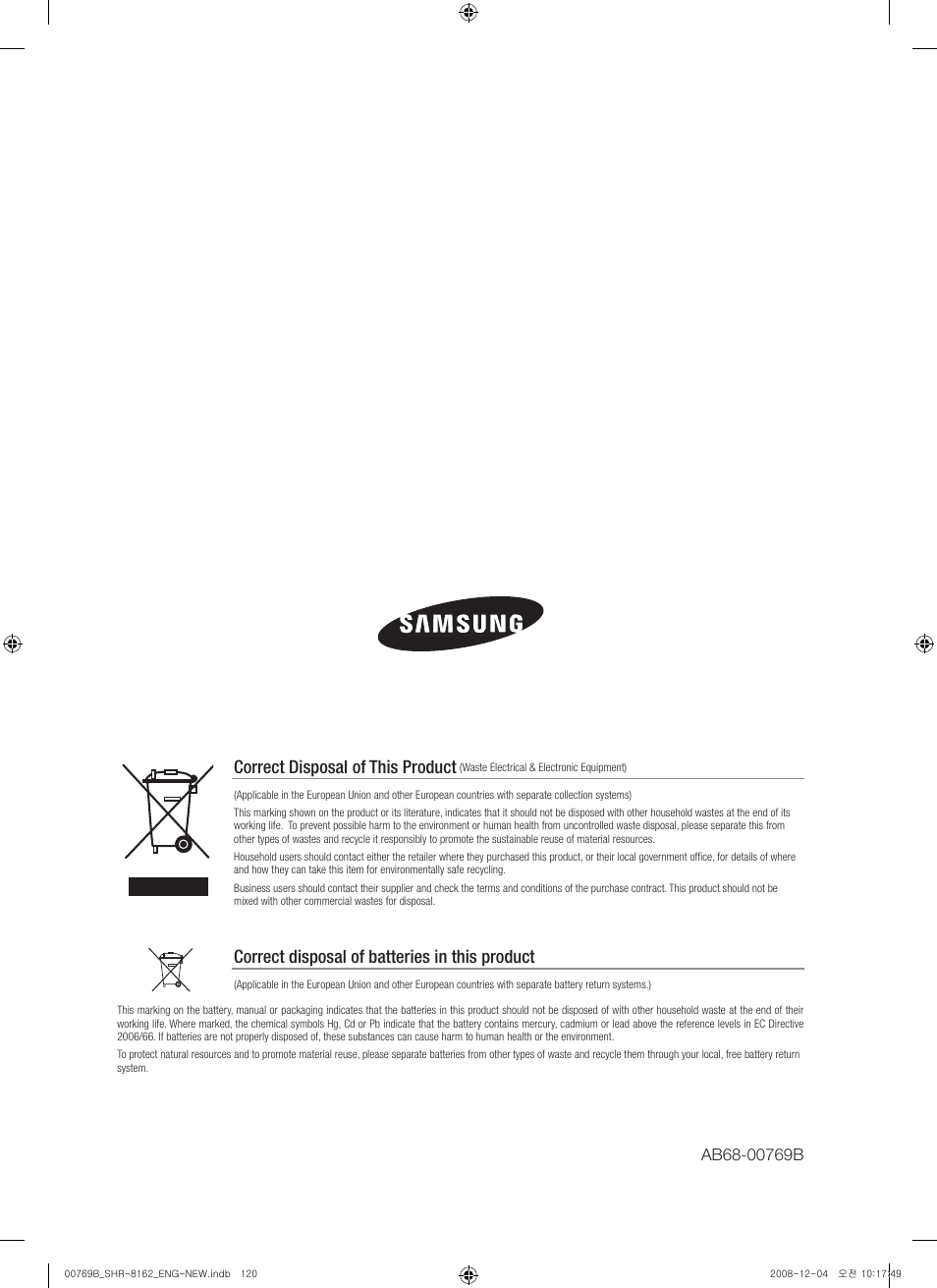 Correct disposal of this product, Correct disposal of batteries in this product | Samsung SHR-8160 User Manual | Page 120 / 120