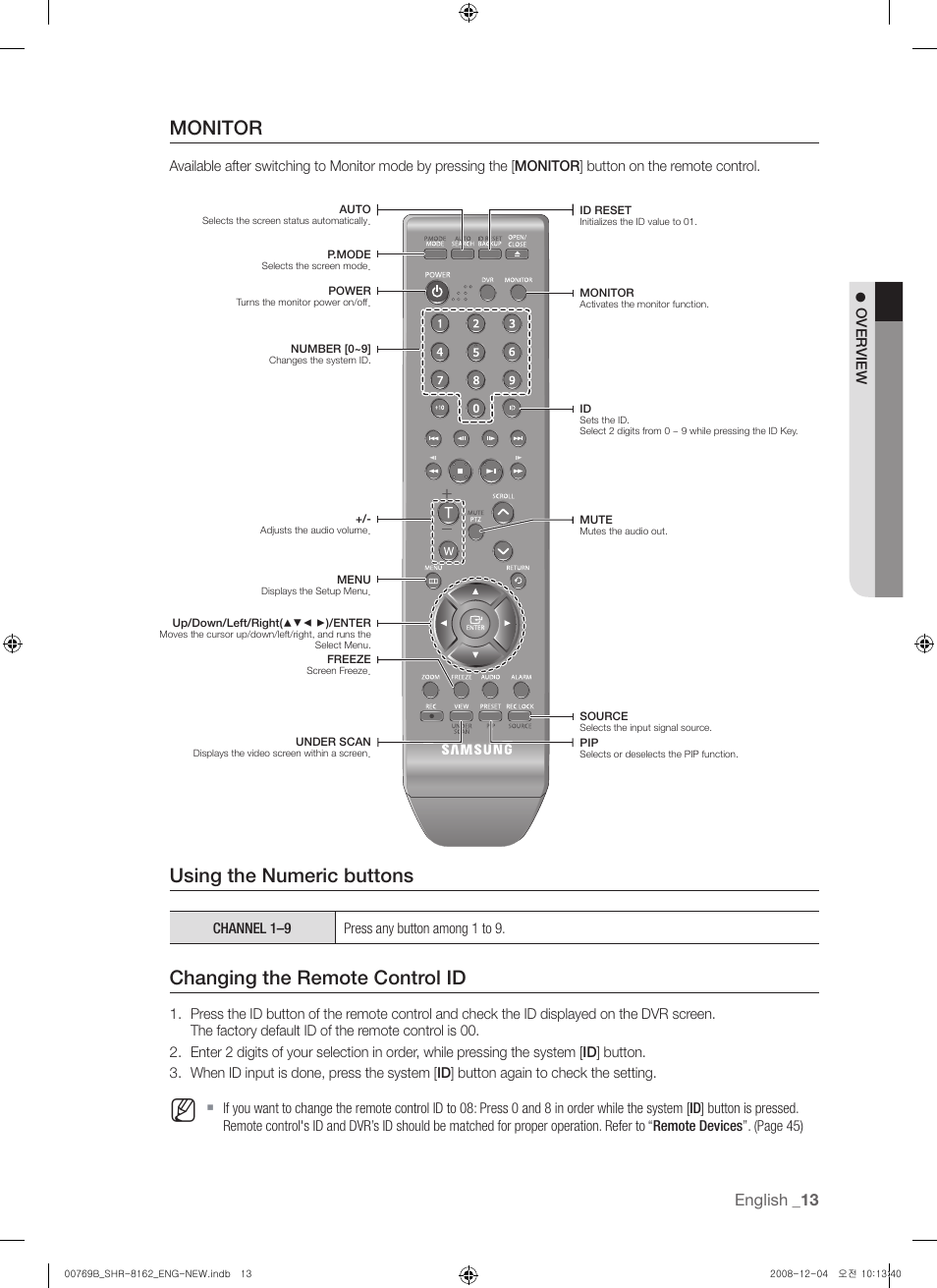 Monitor, Using the numeric buttons, Changing the remote control id | English | Samsung SHR-8160 User Manual | Page 13 / 120