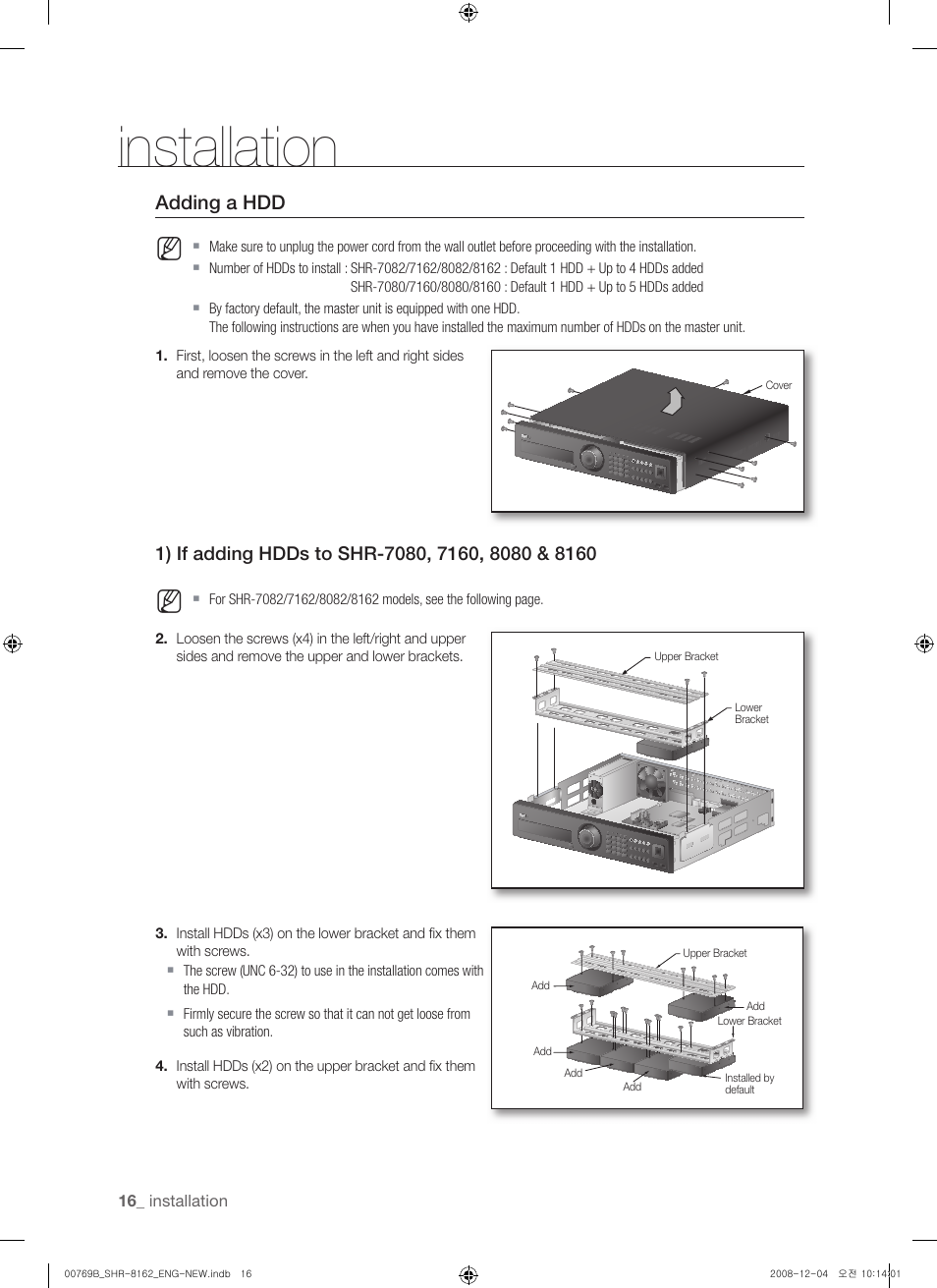 Installation, Adding a hdd | Samsung SHR-8160 User Manual | Page 16 / 120