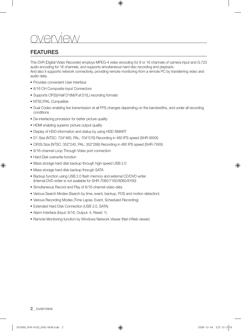 Overview | Samsung SHR-8160 User Manual | Page 2 / 120