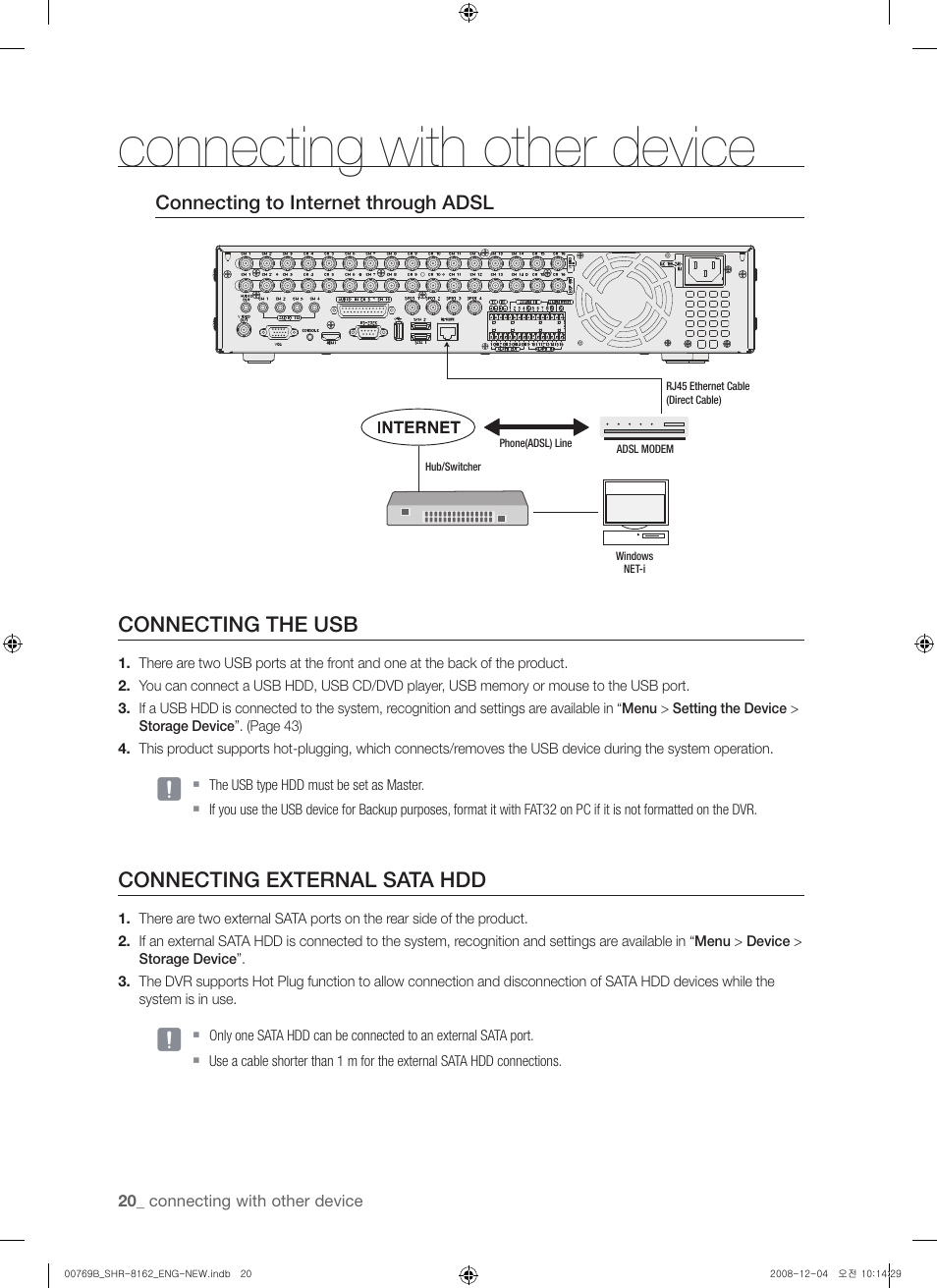 Connecting with other device, Connecting the usb, Connecting external sata hdd | Samsung SHR-8160 User Manual | Page 20 / 120