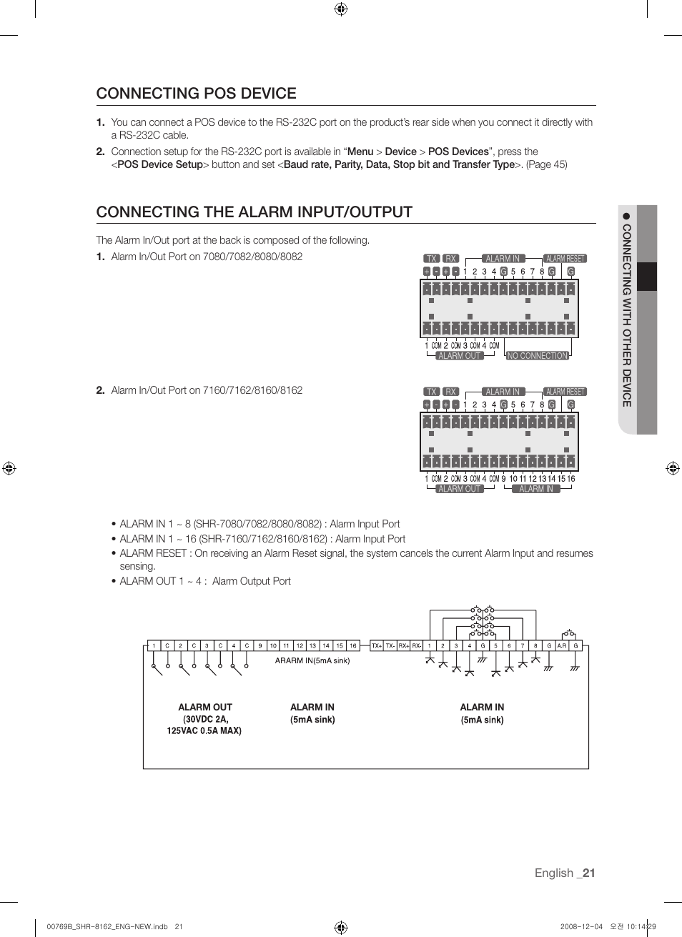 Connecting pos device, Connecting the alarm input/output | Samsung SHR-8160 User Manual | Page 21 / 120