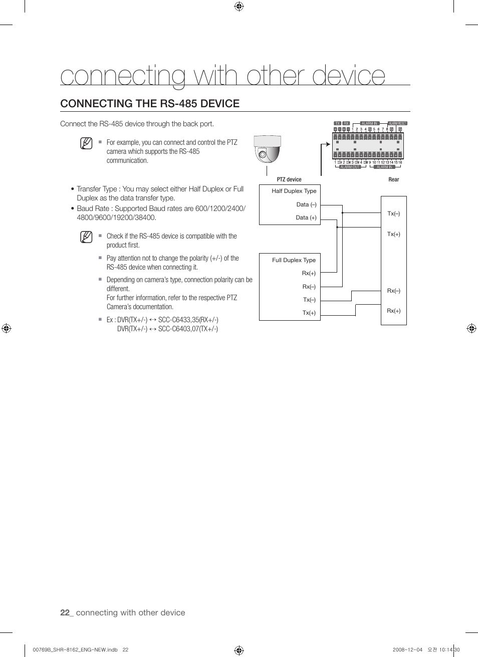 Connecting with other device, Connecting the rs-485 device | Samsung SHR-8160 User Manual | Page 22 / 120