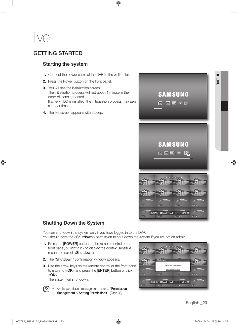 Live, Getting started, Starting the system | Shutting down the system | Samsung SHR-8160 User Manual | Page 23 / 120