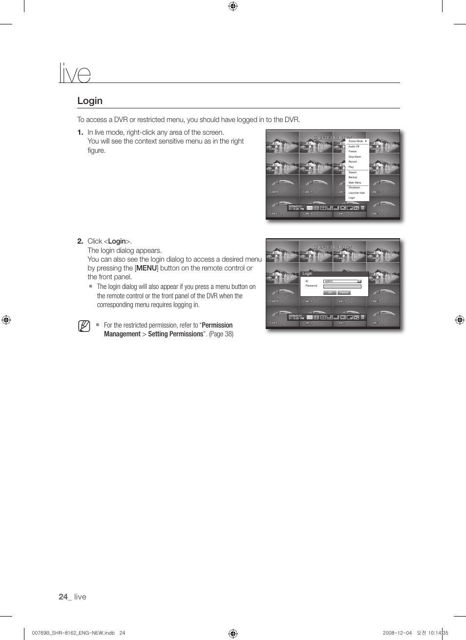 Live, Login | Samsung SHR-8160 User Manual | Page 24 / 120