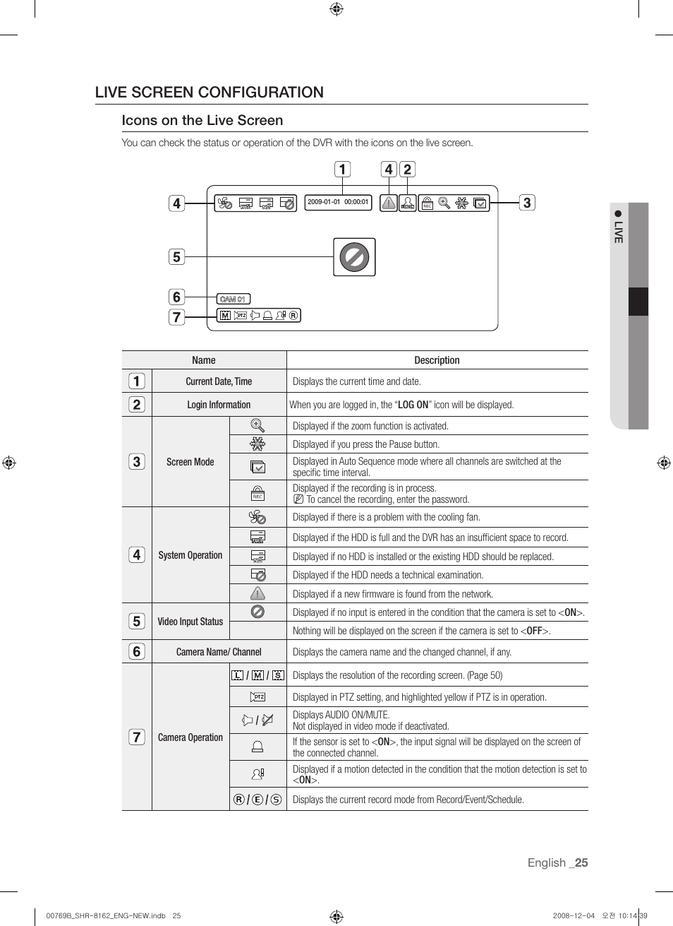 Live screen configuration, Icons on the live screen | Samsung SHR-8160 User Manual | Page 25 / 120