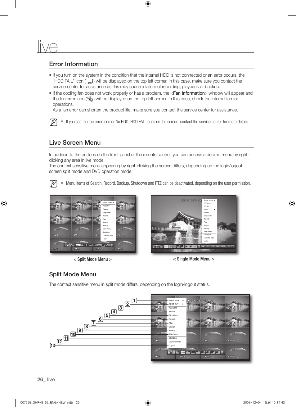 Live, Error information, Live screen menu | Split mode menu | Samsung SHR-8160 User Manual | Page 26 / 120