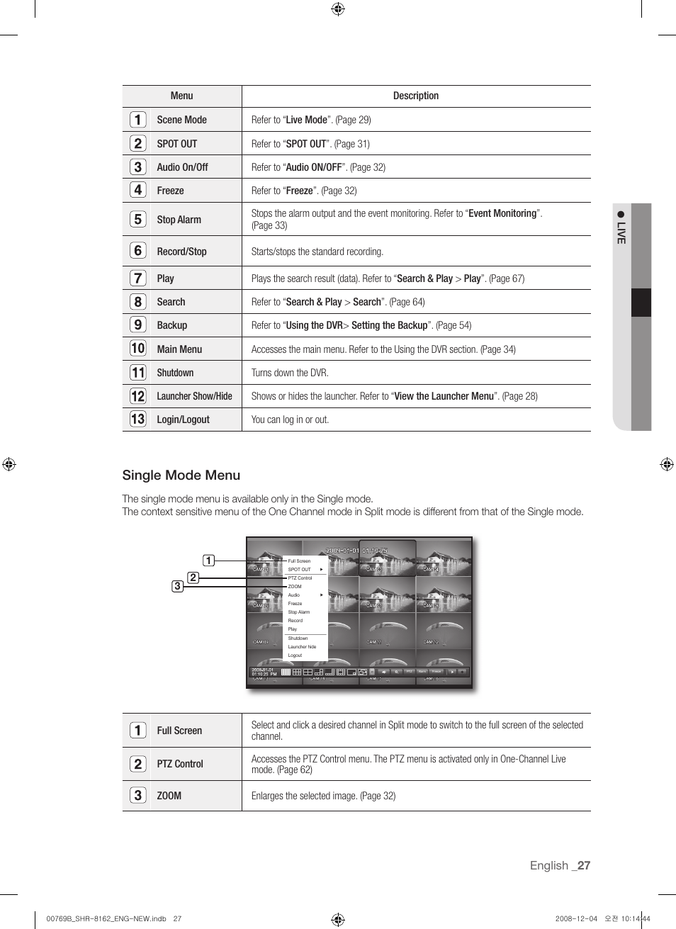 Single mode menu | Samsung SHR-8160 User Manual | Page 27 / 120