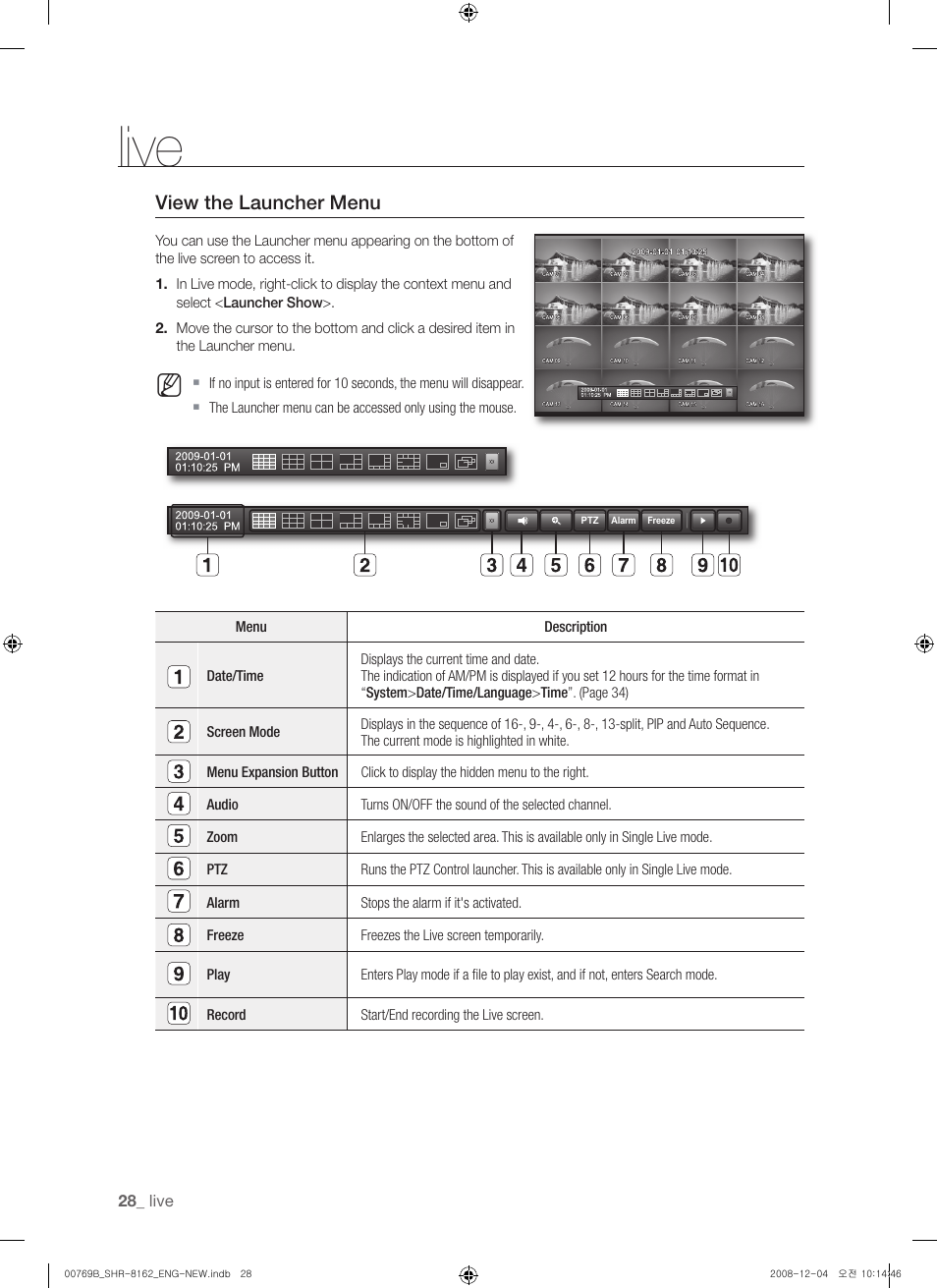 Live, View the launcher menu | Samsung SHR-8160 User Manual | Page 28 / 120