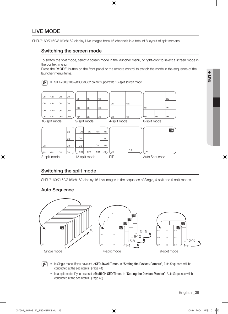 Live mode, Switching the screen mode, Switching the split mode | Auto sequence, English, L ive, 1single mode | Samsung SHR-8160 User Manual | Page 29 / 120