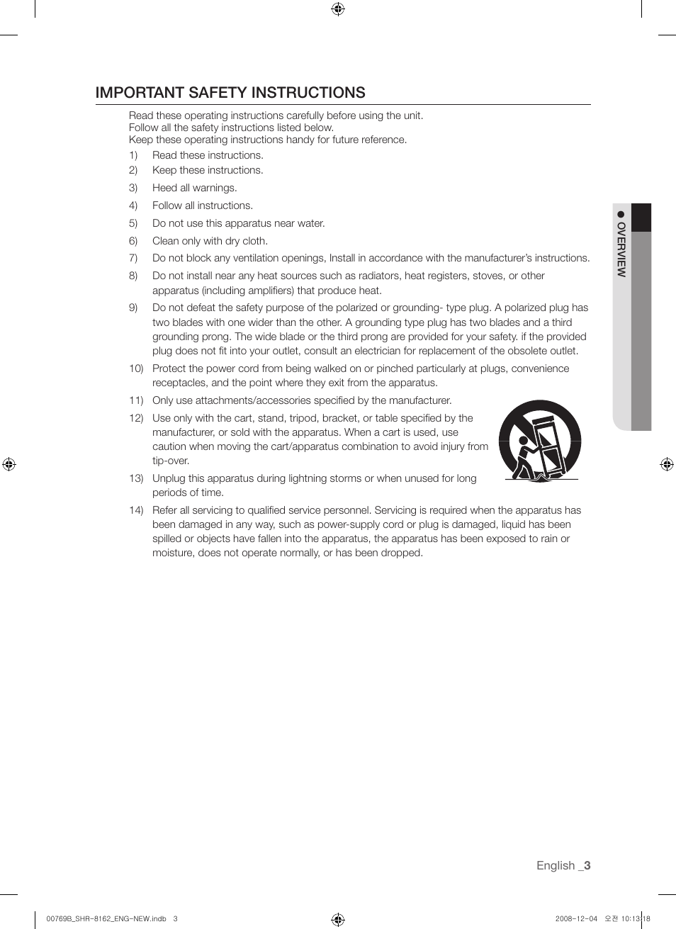 Important safety instructions | Samsung SHR-8160 User Manual | Page 3 / 120