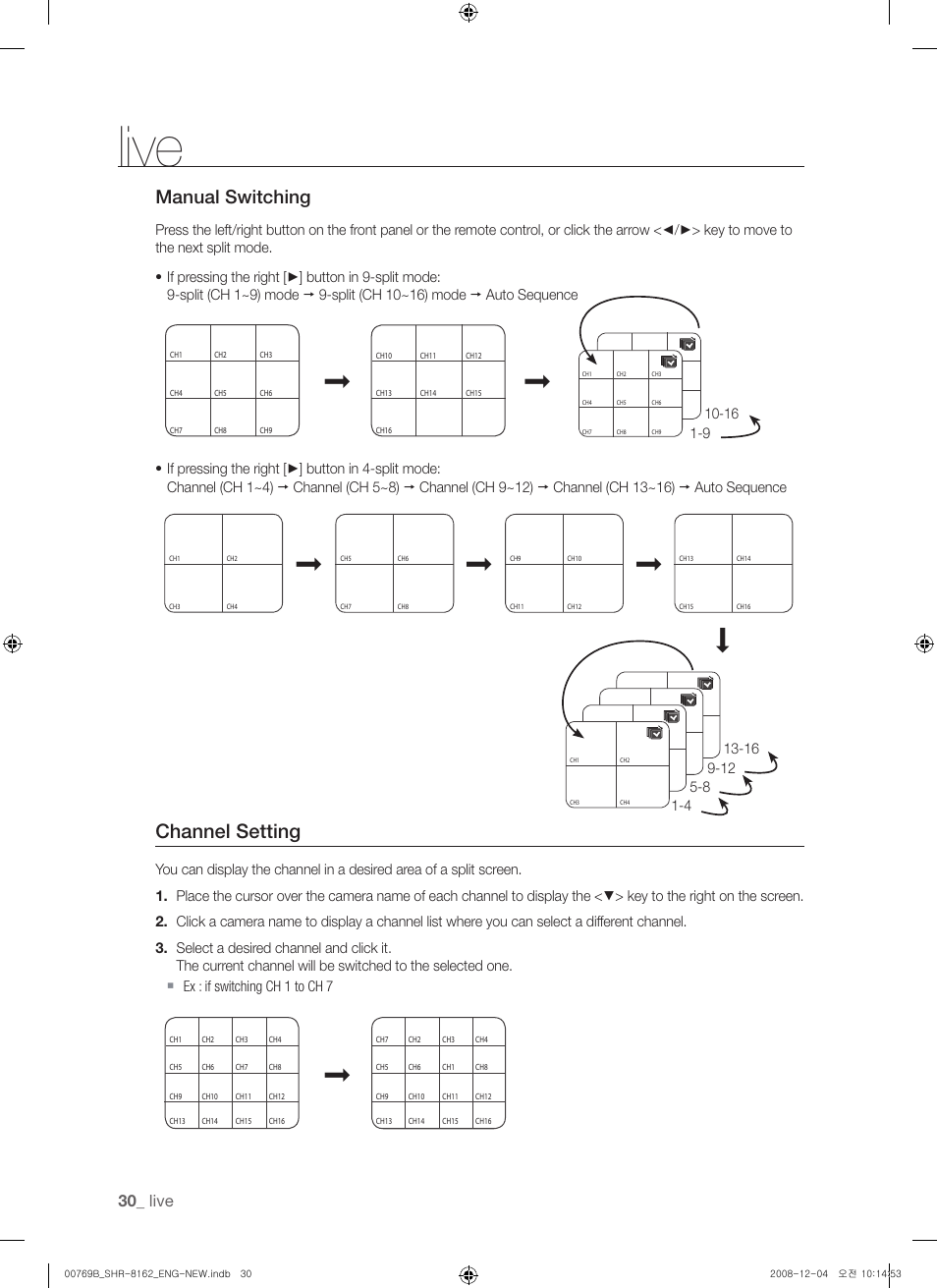 Channel setting, Manual switching, Live | Samsung SHR-8160 User Manual | Page 30 / 120