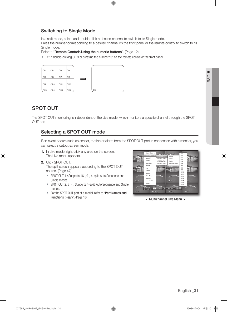 Spot out, Selecting a spot out mode, Switching to single mode | English, Live, Multichannel live menu | Samsung SHR-8160 User Manual | Page 31 / 120