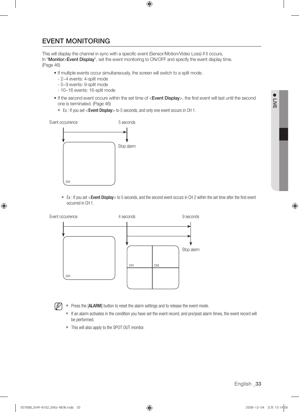 Event monitoring, English, L ive | Event occurrence 5 seconds stop alarm, Event occurrence 4 seconds 9 seconds stop alarm | Samsung SHR-8160 User Manual | Page 33 / 120