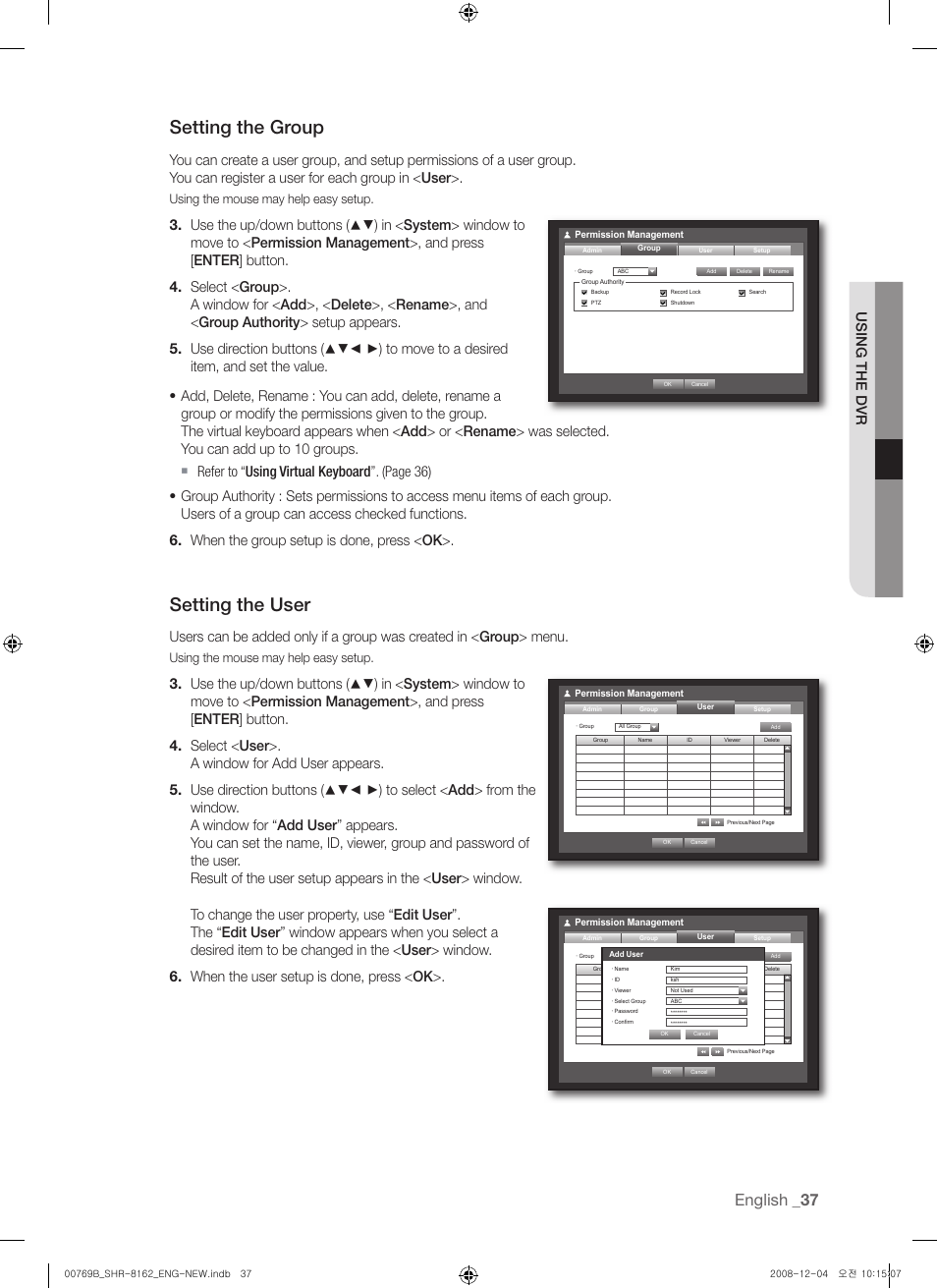 Setting the group, Setting the user, English | Using the dvr, Using the mouse may help easy setup | Samsung SHR-8160 User Manual | Page 37 / 120