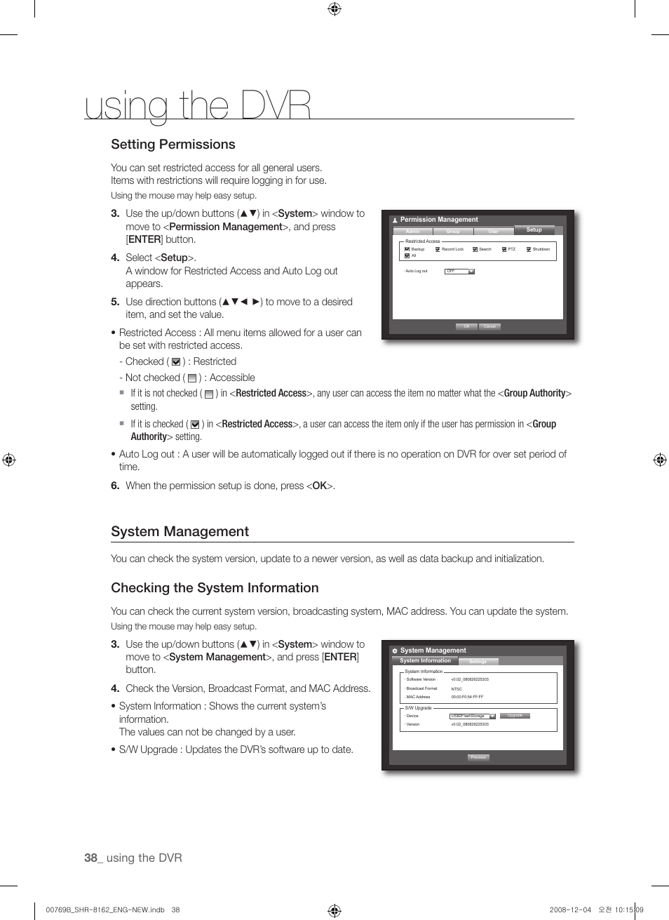 System management, Setting permissions, Checking the system information | Using the dvr | Samsung SHR-8160 User Manual | Page 38 / 120