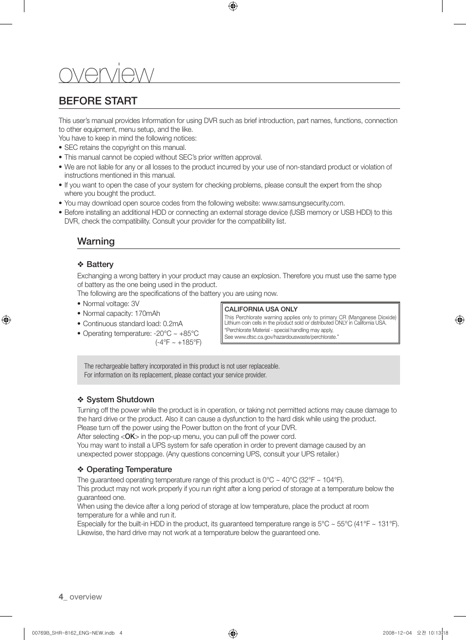 Overview, Before start, Warning | Samsung SHR-8160 User Manual | Page 4 / 120