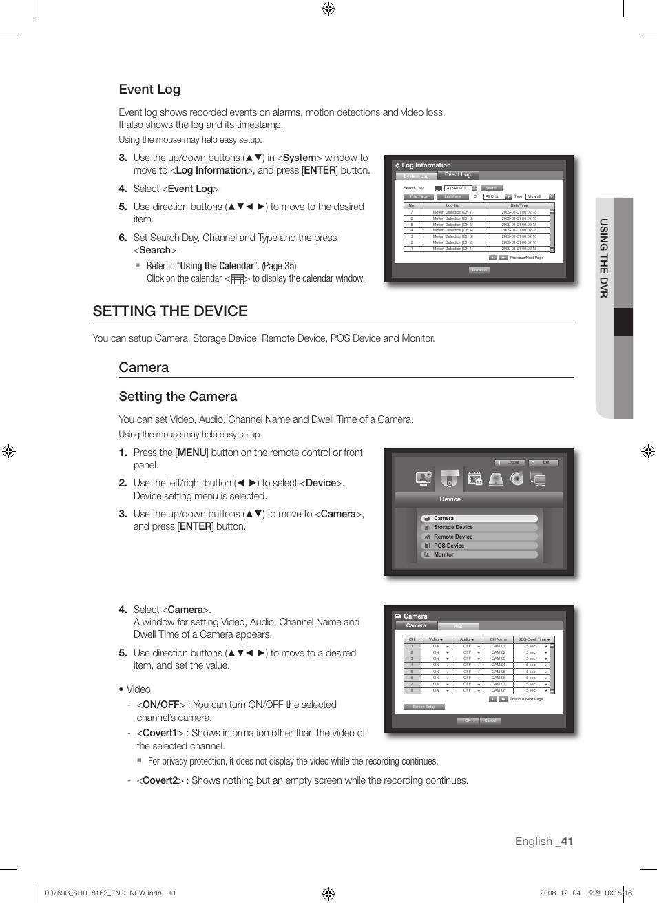 Setting the device, Camera, Event log | Setting the camera, English, Using the dvr, Using the mouse may help easy setup | Samsung SHR-8160 User Manual | Page 41 / 120
