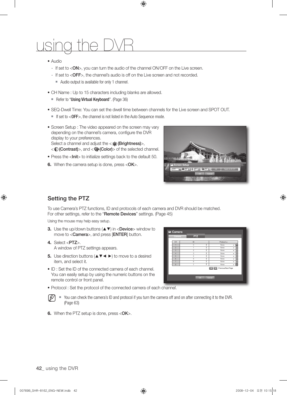 Setting the ptz, Using the dvr, Using the mouse may help easy setup | Samsung SHR-8160 User Manual | Page 42 / 120