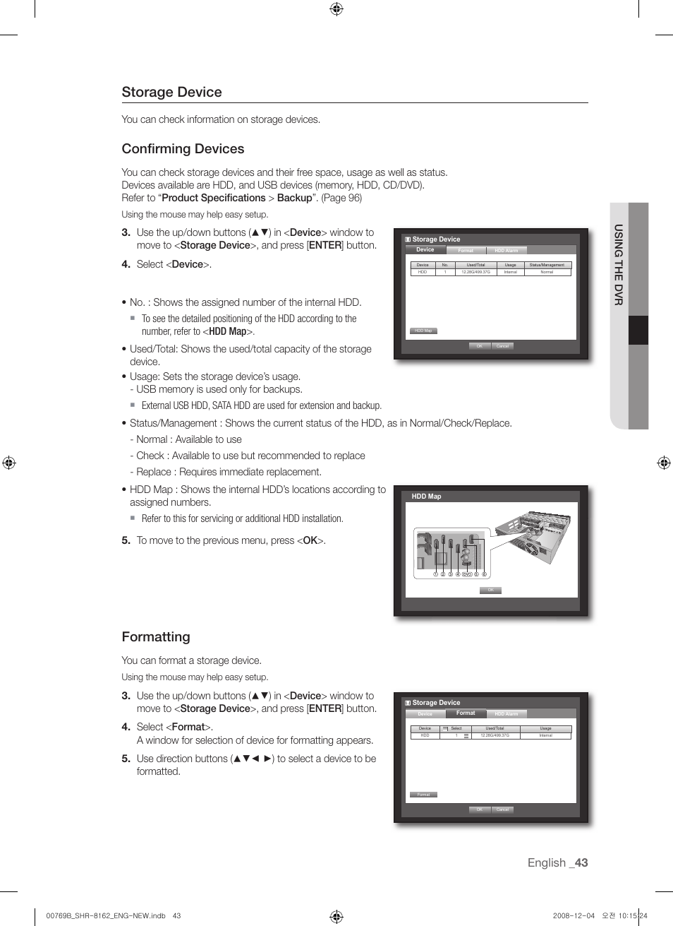 Storage device, Confi rming devices, Formatting | English, Using the dvr, You can check information on storage devices, You can format a storage device | Samsung SHR-8160 User Manual | Page 43 / 120