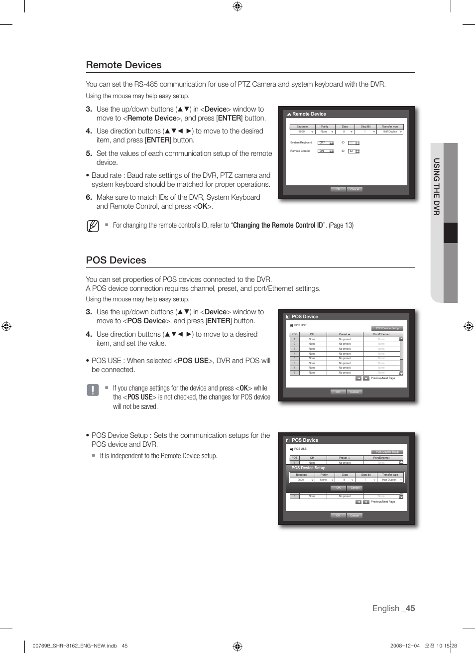 Remote devices, Pos devices, English | Using the dvr, Using the mouse may help easy setup | Samsung SHR-8160 User Manual | Page 45 / 120