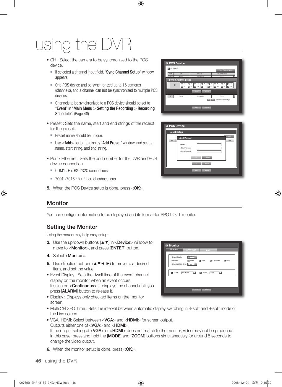 Monitor, Setting the monitor, Using the dvr | Using the mouse may help easy setup | Samsung SHR-8160 User Manual | Page 46 / 120