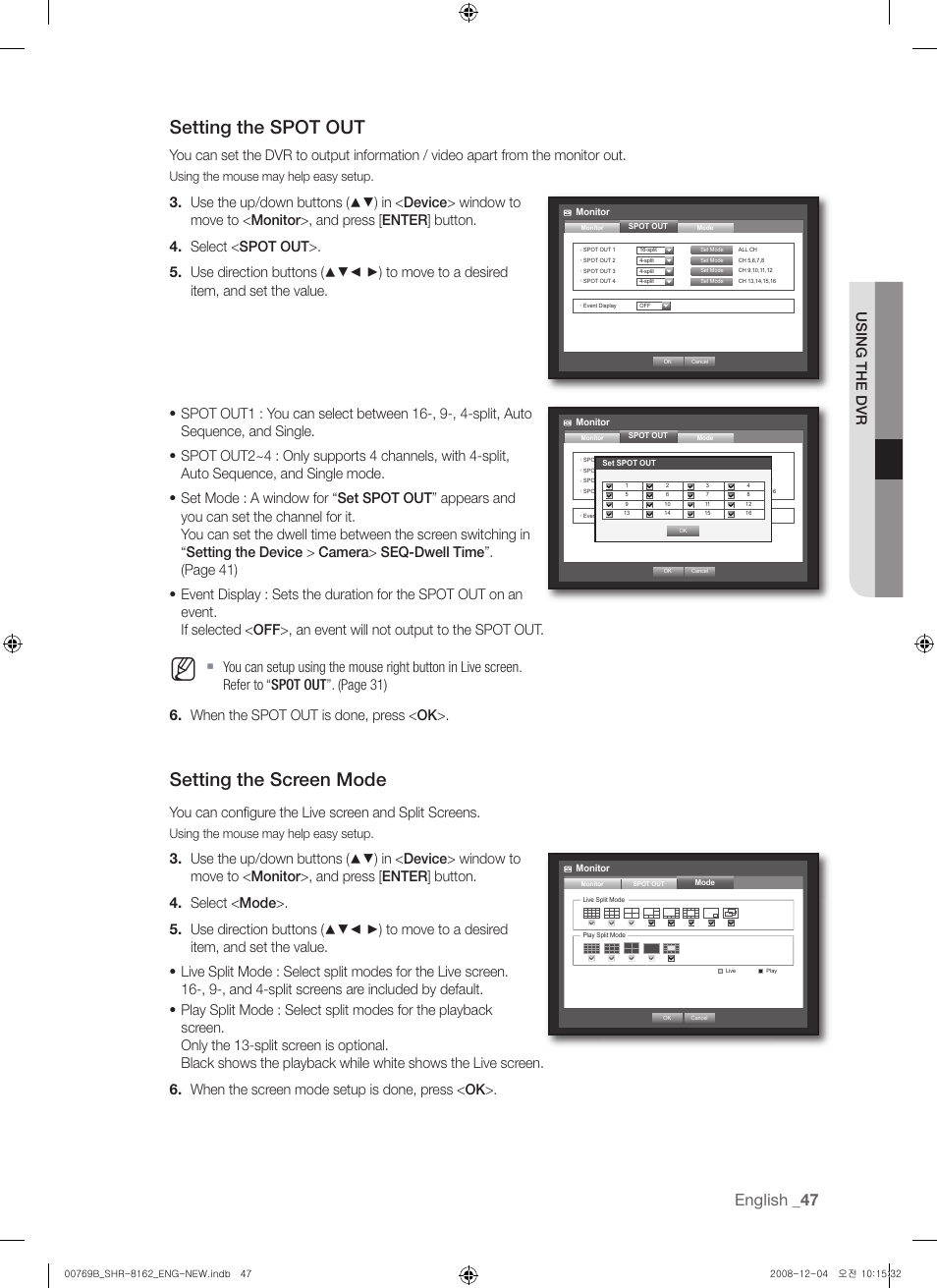 Setting the spot out, Setting the screen mode, English | Using the dvr, Using the mouse may help easy setup | Samsung SHR-8160 User Manual | Page 47 / 120