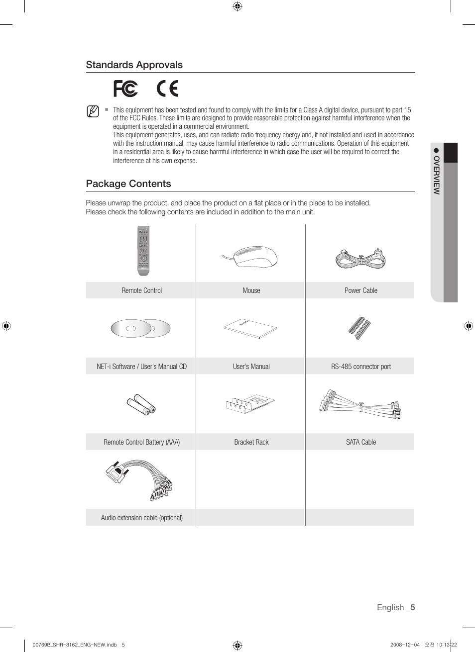 Standards approvals, Package contents | Samsung SHR-8160 User Manual | Page 5 / 120