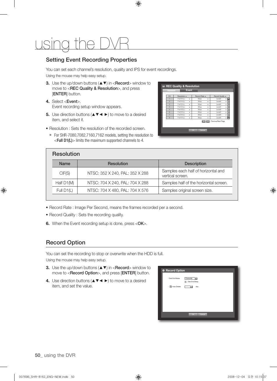 Record option, Setting event recording properties, Resolution | Using the dvr, Using the mouse may help easy setup | Samsung SHR-8160 User Manual | Page 50 / 120