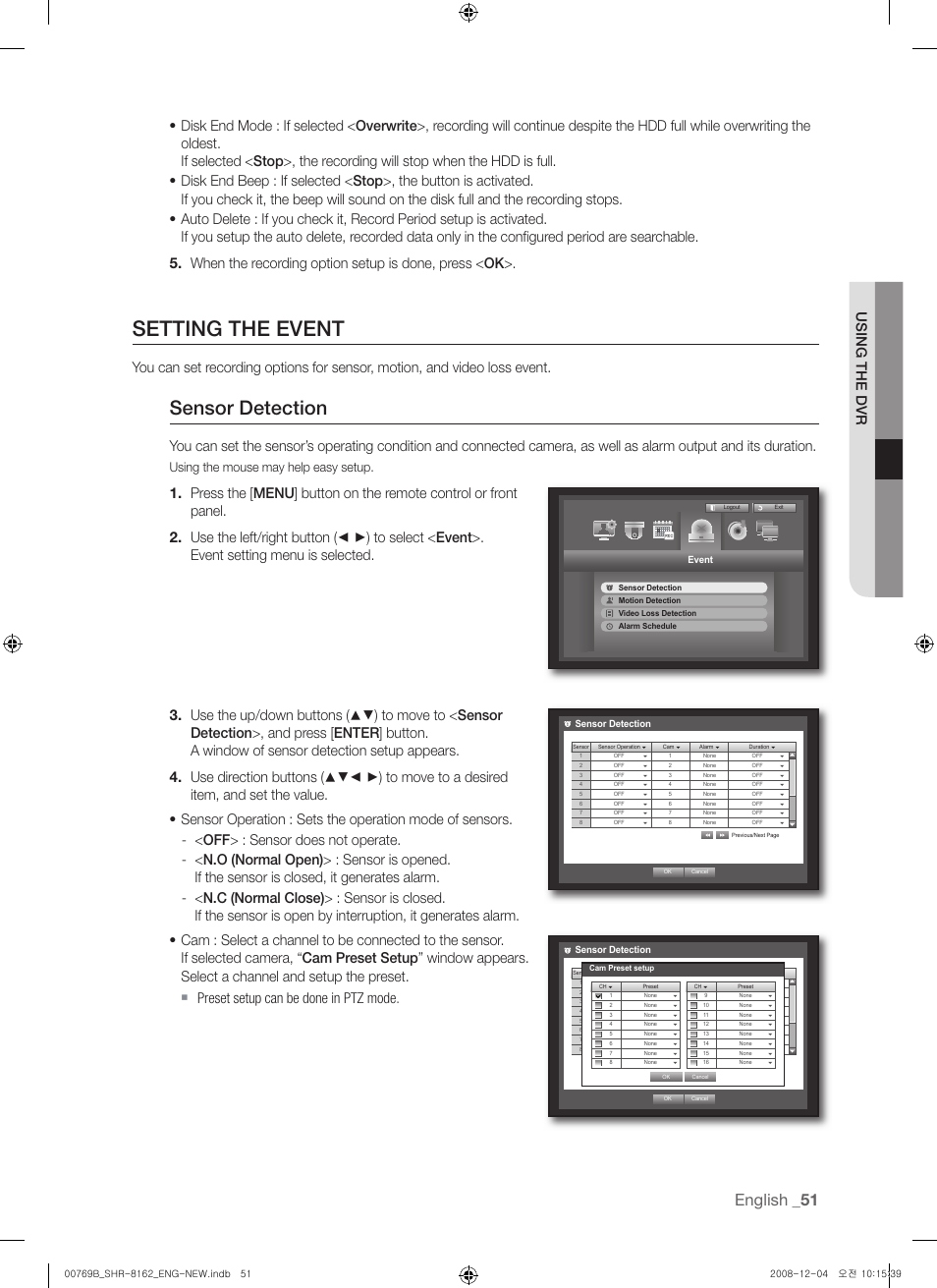 Setting the event, Sensor detection, English | Using the mouse may help easy setup, Event | Samsung SHR-8160 User Manual | Page 51 / 120