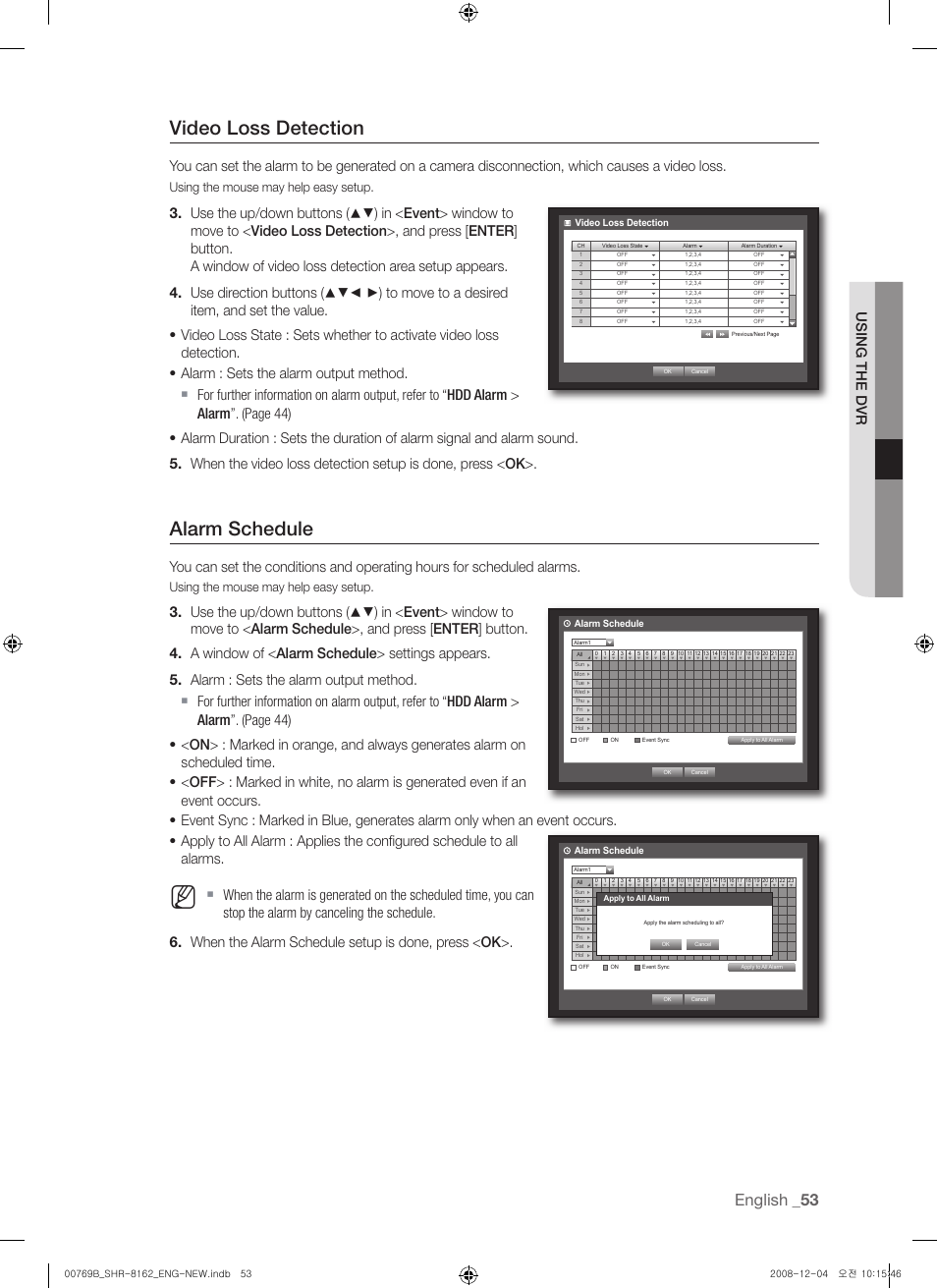 Video loss detection, Alarm schedule, English | Using the dvr, Using the mouse may help easy setup | Samsung SHR-8160 User Manual | Page 53 / 120