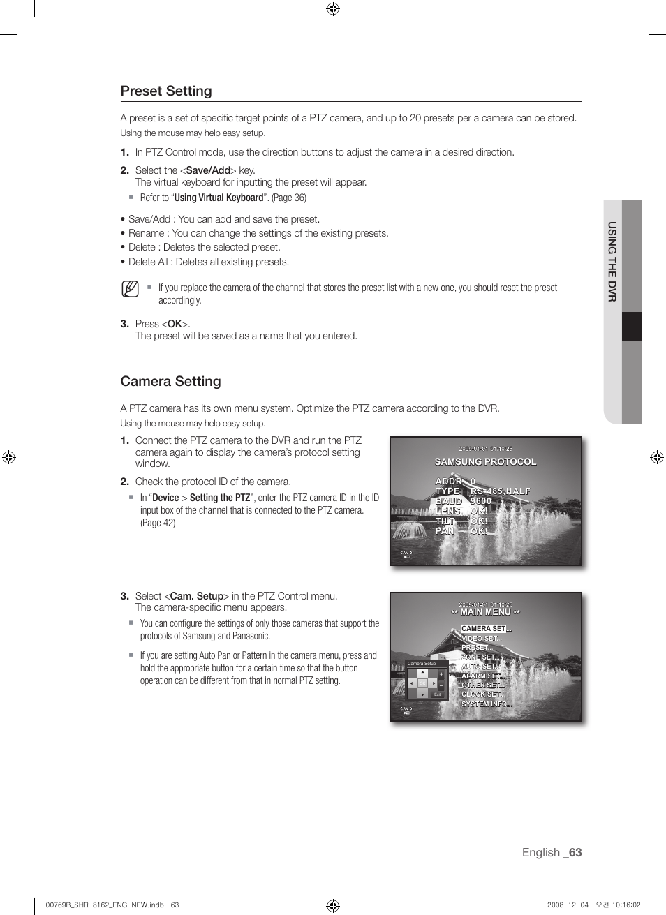 Preset setting, Camera setting | Samsung SHR-8160 User Manual | Page 63 / 120