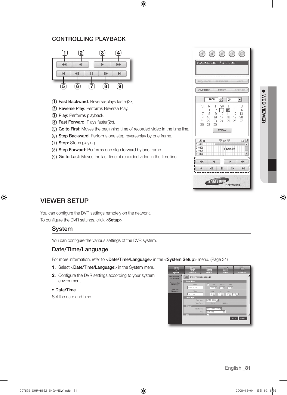 Viewer setup, System | Samsung SHR-8160 User Manual | Page 81 / 120