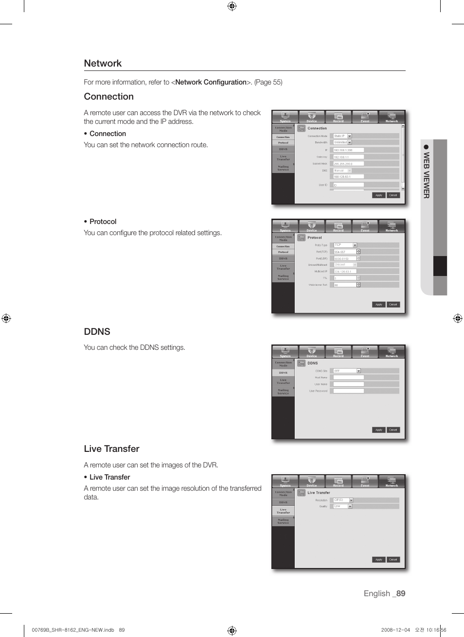 Network, Connection, Ddns | Live transfer | Samsung SHR-8160 User Manual | Page 89 / 120