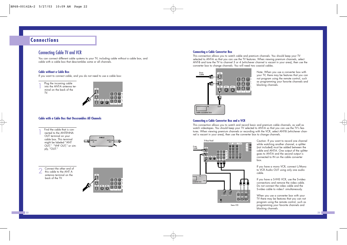 Connections, Connecting cable tv and vcr | Samsung HLN4365W User Manual | Page 12 / 46