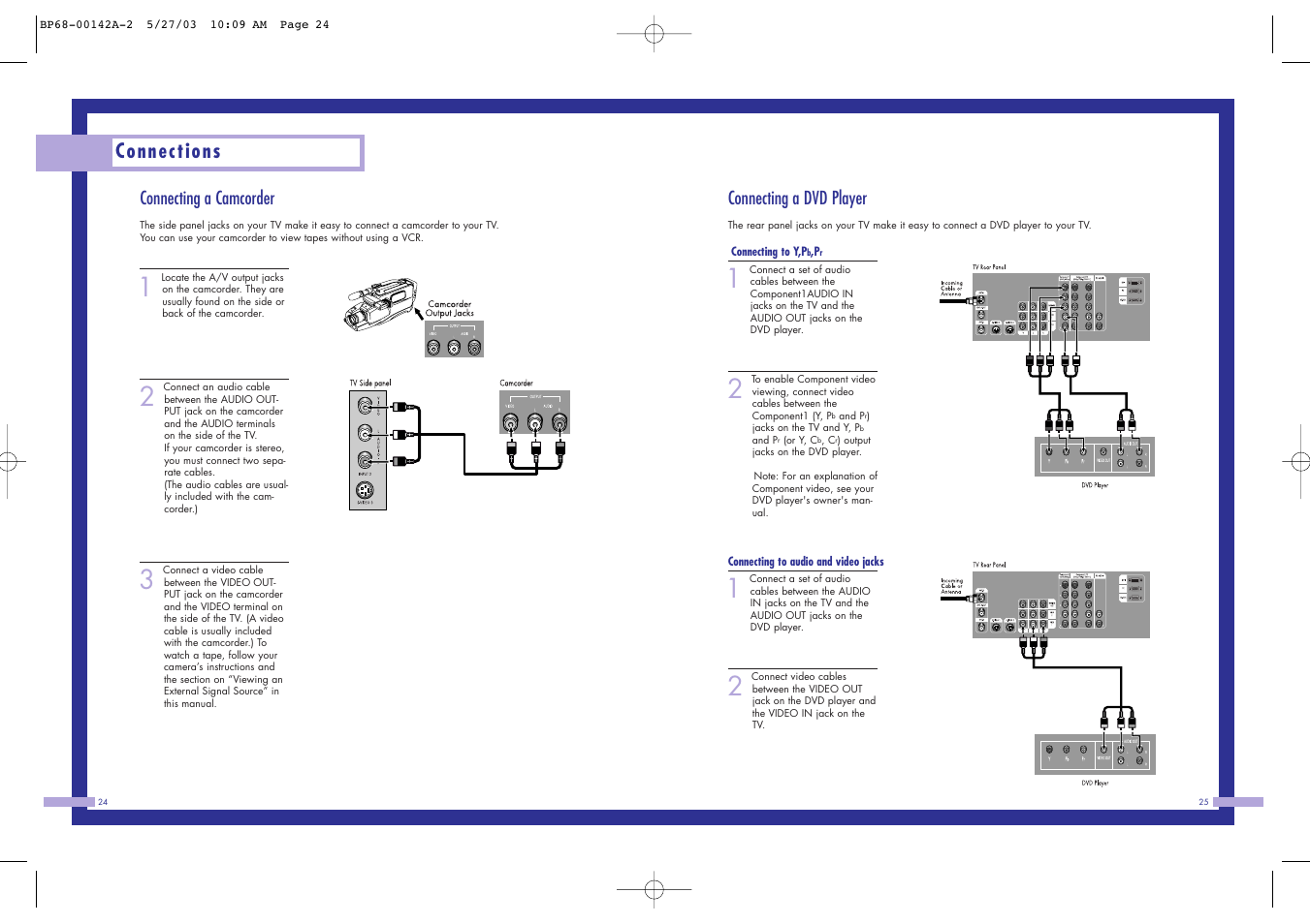 Connections, Connecting a dvd player, Connecting a camcorder | Samsung HLN4365W User Manual | Page 13 / 46