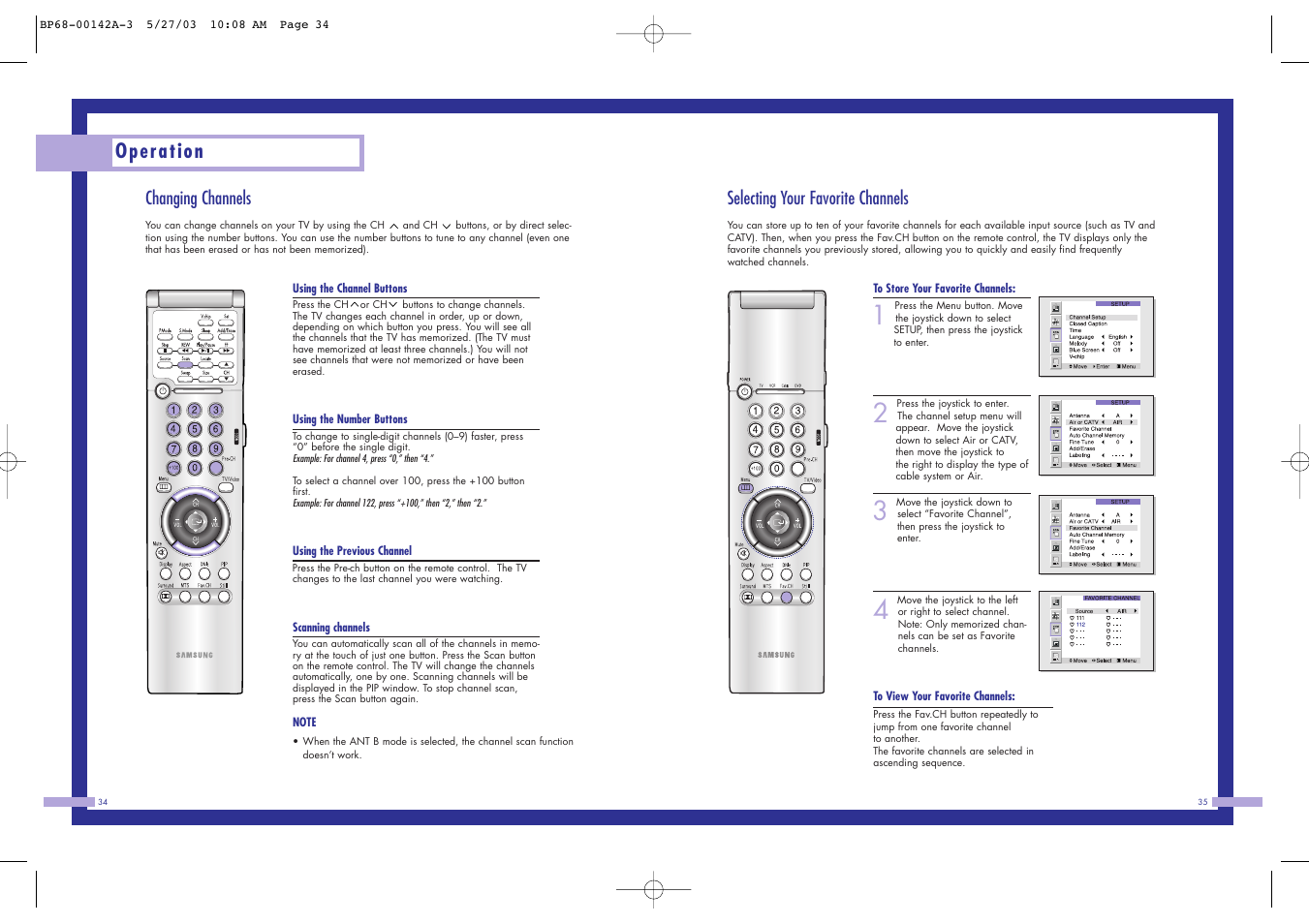 Operation, Selecting your favorite channels, Changing channels | Samsung HLN4365W User Manual | Page 18 / 46