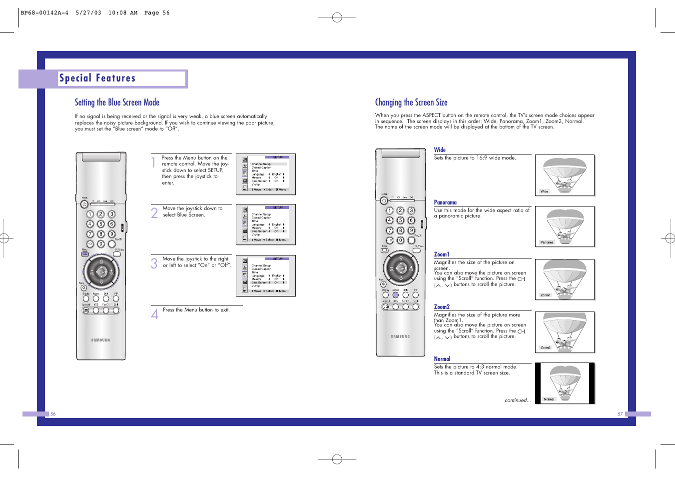Special features, Changing the screen size, Setting the blue screen mode | Samsung HLN4365W User Manual | Page 29 / 46