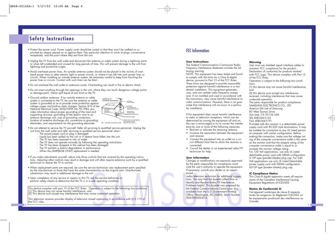 Samsung, Safety instructions, Fcc information | Samsung HLN4365W User Manual | Page 3 / 46