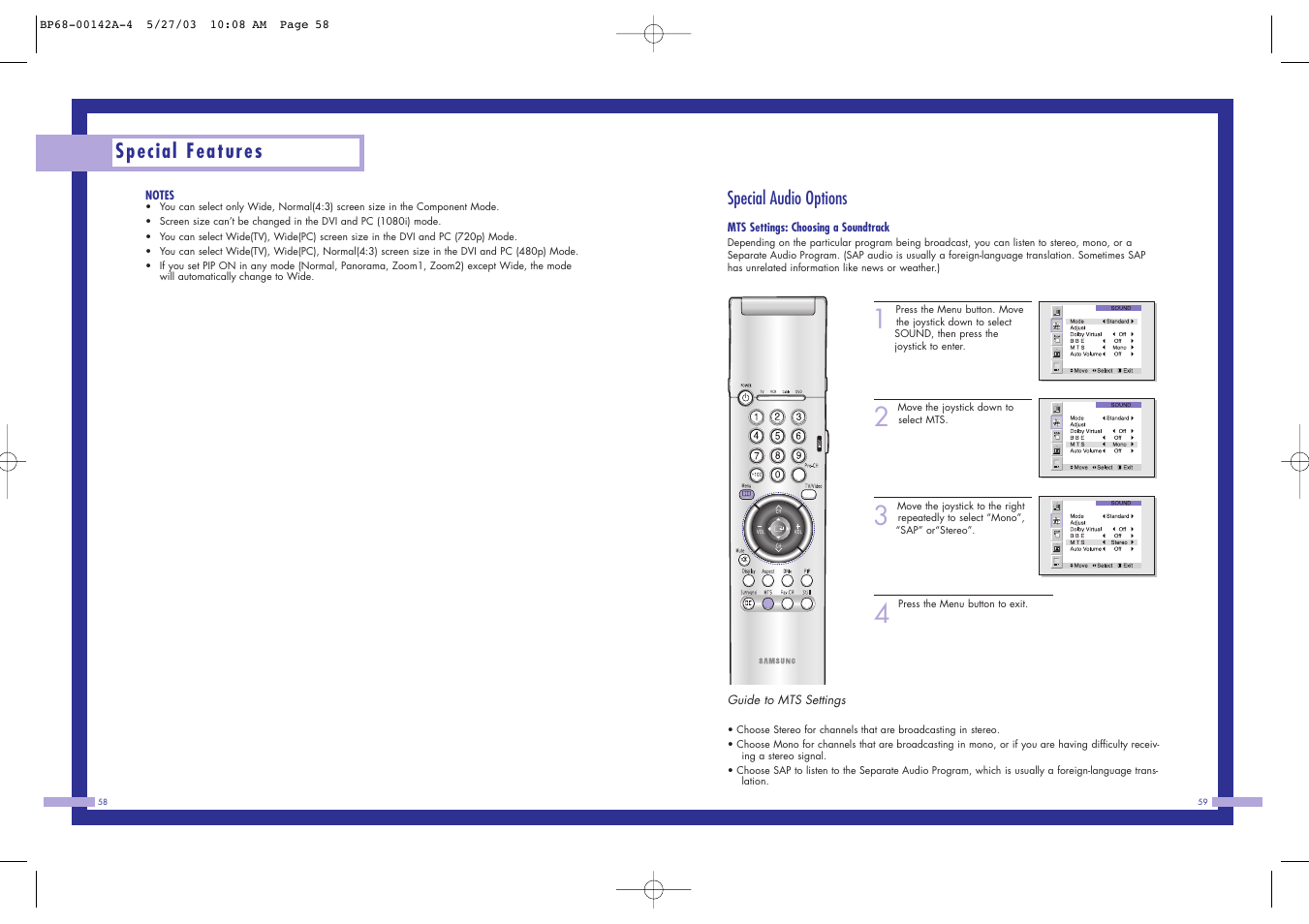 Special features, Special audio options | Samsung HLN4365W User Manual | Page 30 / 46