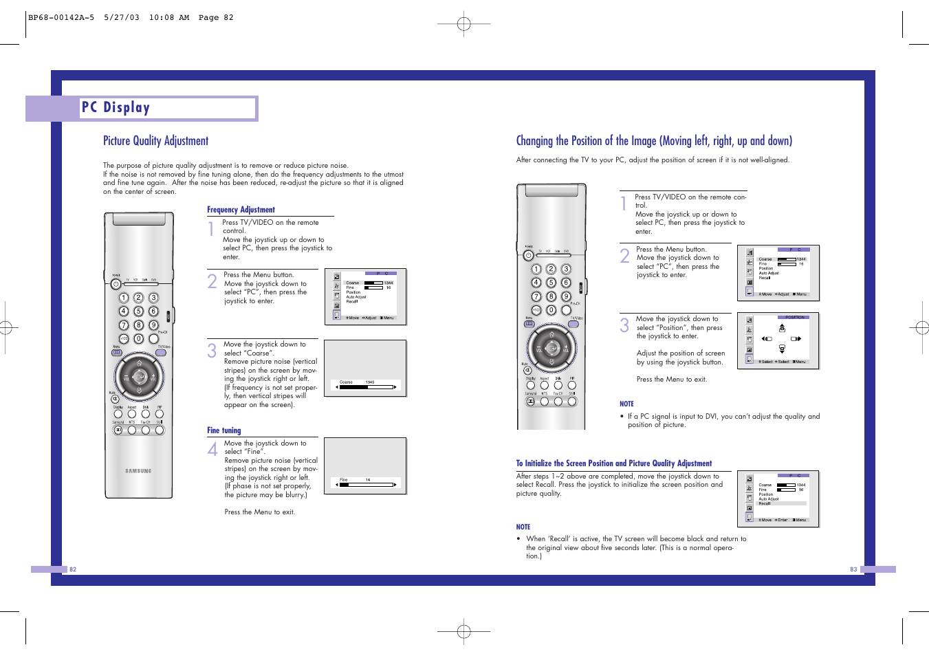 Pc display, Picture quality adjustment | Samsung HLN4365W User Manual | Page 42 / 46