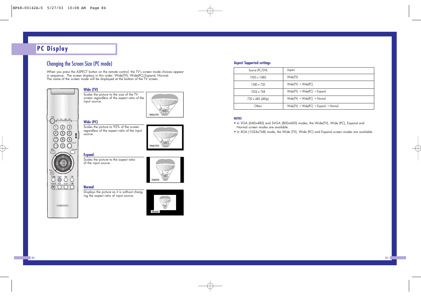 Pc display, Changing the screen size (pc mode) | Samsung HLN4365W User Manual | Page 43 / 46