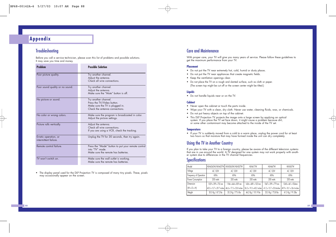 Appendix, Troubleshooting, Care and maintenance | Using the tv in another country, Specifications | Samsung HLN4365W User Manual | Page 45 / 46