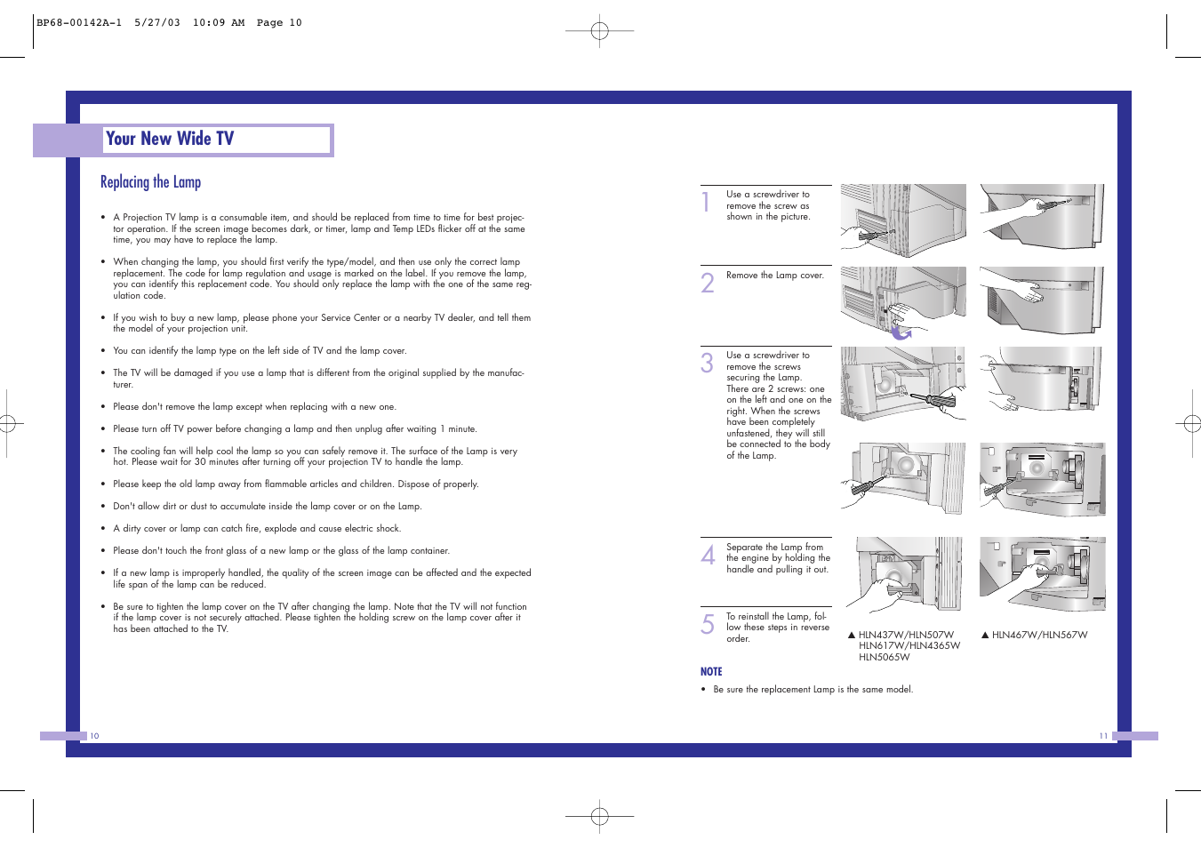 Your new wide tv, Replacing the lamp | Samsung HLN4365W User Manual | Page 6 / 46