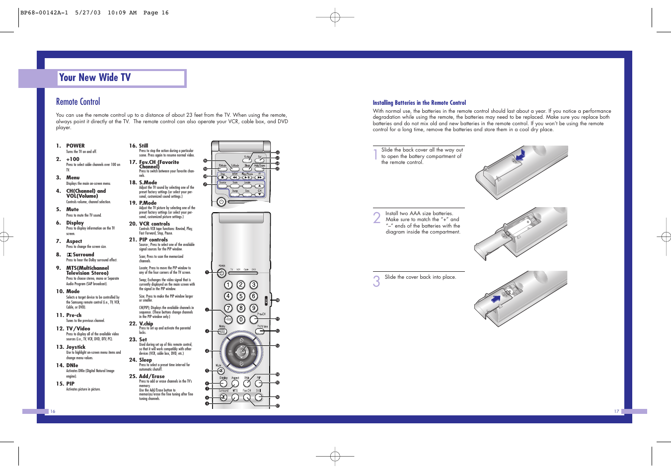 Your new wide tv, Remote control | Samsung HLN4365W User Manual | Page 9 / 46