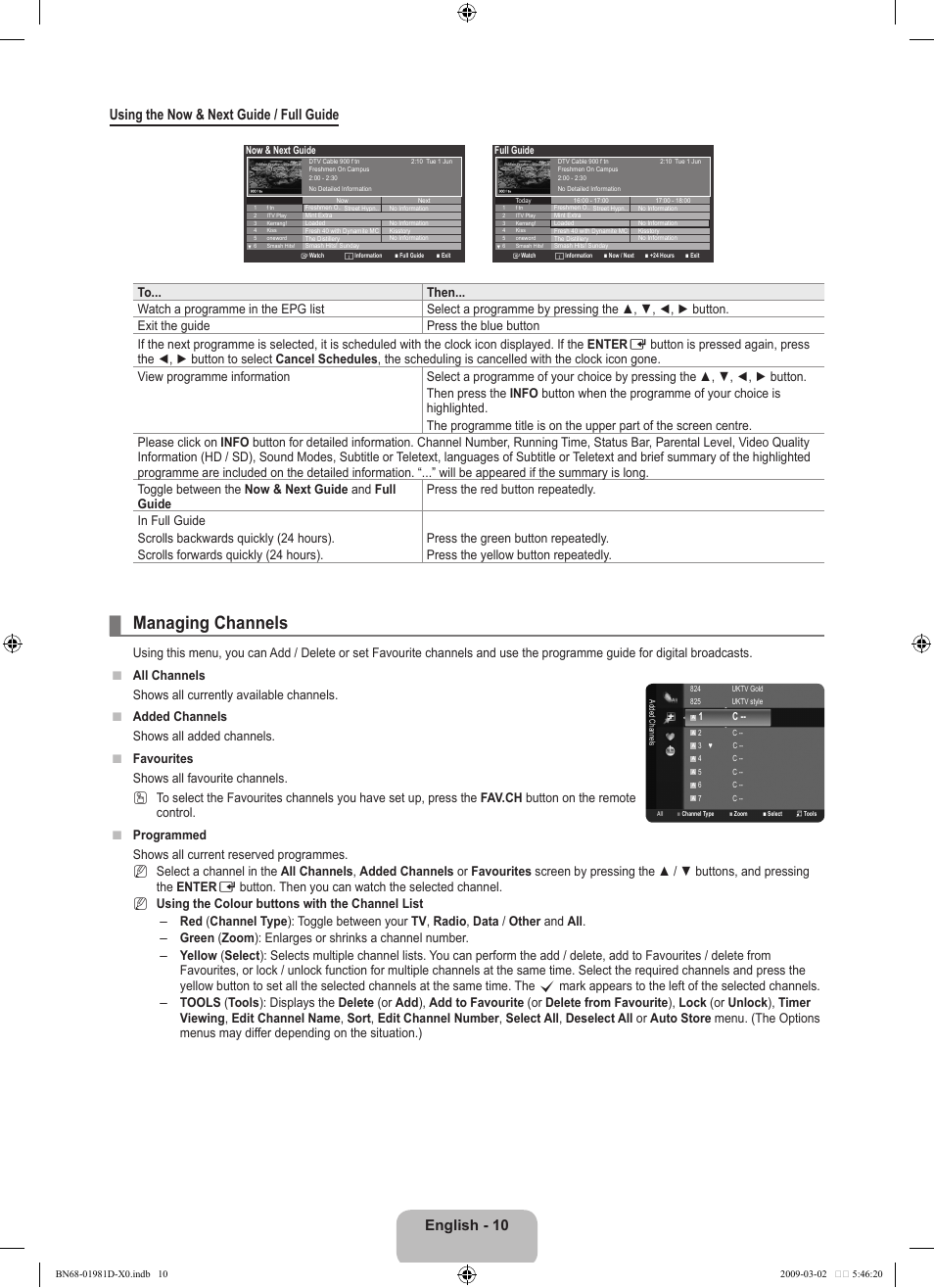 Managing channels | Samsung BN68-01981D-01 User Manual | Page 12 / 38