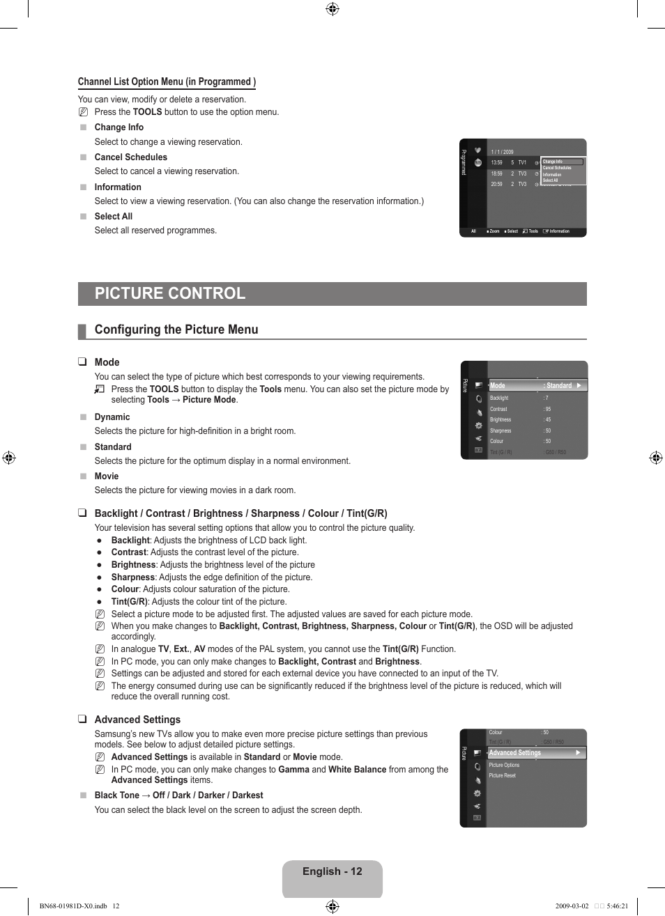 Picture control, Configuring the picture menu, Mode | Advanced settings | Samsung BN68-01981D-01 User Manual | Page 14 / 38